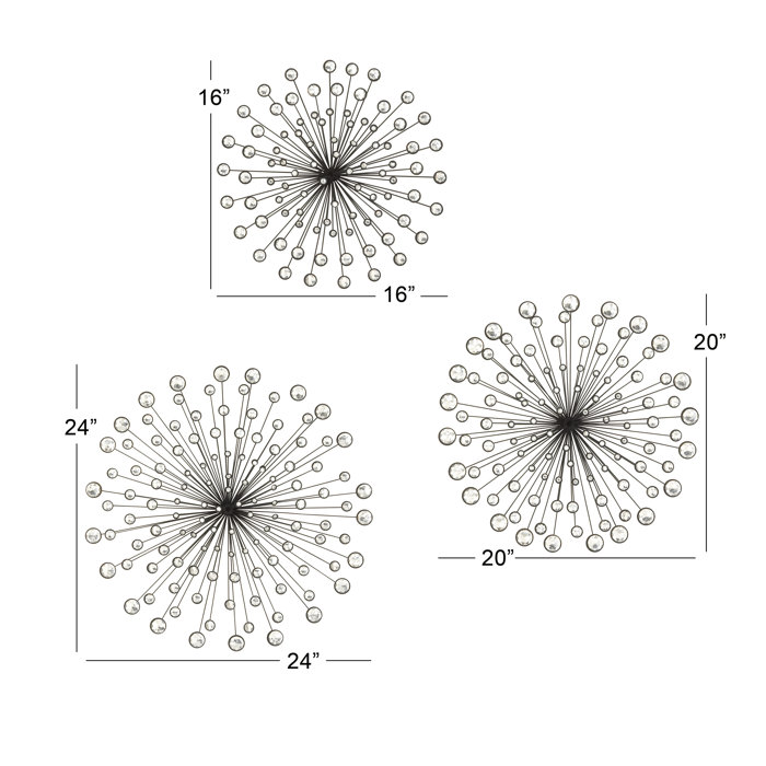 Everly Quinn 3 Piece Black Metal Starburst Wall Decor with Crystal